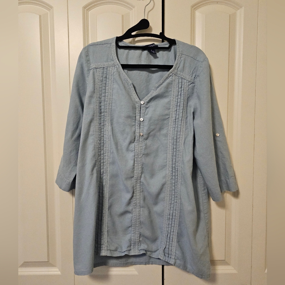Bandolino Womens  Linen Blend Blue Blouse Boho SZ M
